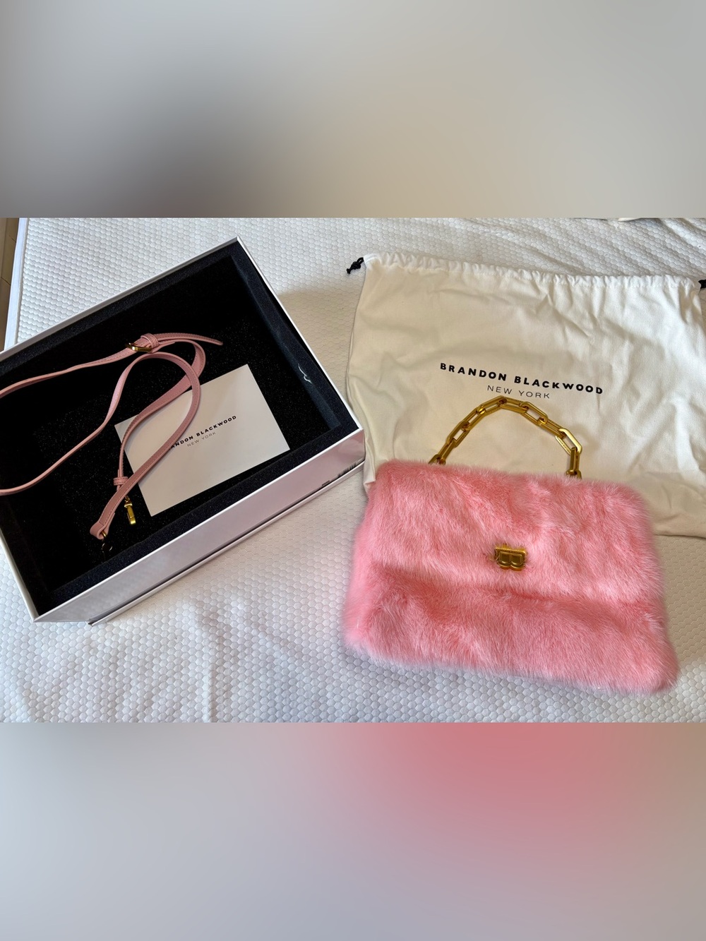 Brandon Blackwood Pink MINK shoulder Bag with Gold Chain